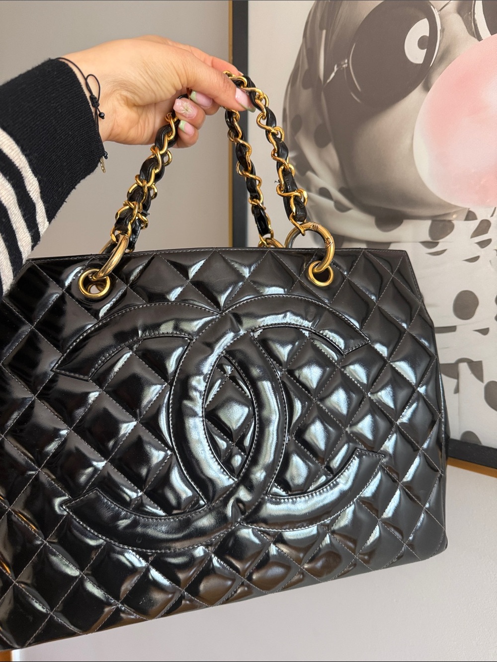 CHANEL vintage Black Quilted Patent Leather Tote with Gold Chain